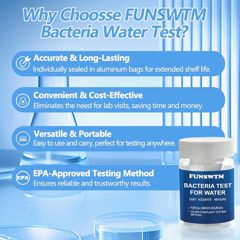 FUNSWTM مجموعة اختبار بكتيريا القولونية في الماء: 6 عبوات لمجموعة اختبار بكتيريا الماء سهلة الاستخدام في المنزل لمياه الآبار، الصنابير، المسابح، الينابيع، البرك، والبحيرات. - Image 2